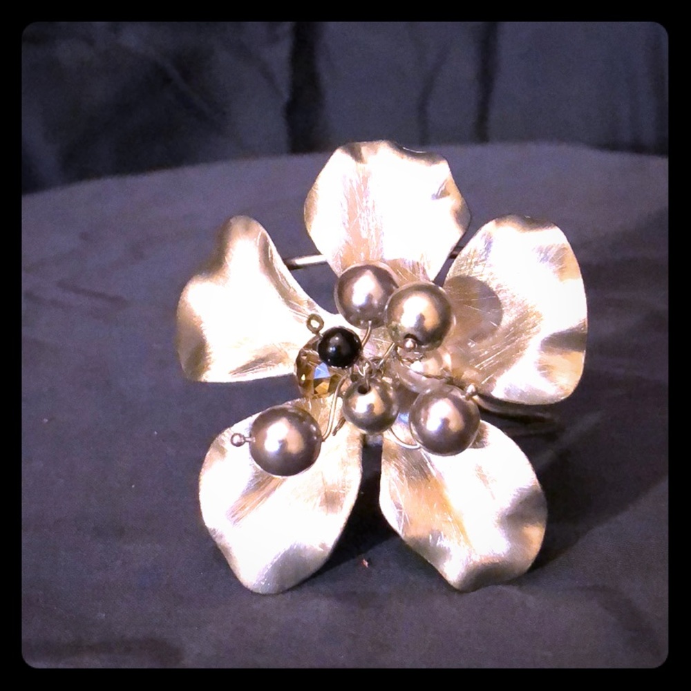 Silver Flower Cuff Bracelet w Beads